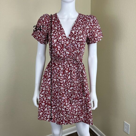 Madewell Women's Size XS Red Foral Wrap Mini Dress Cotton Cottagecore Fall Y2K - Picture 5 of 14